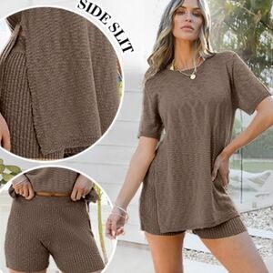Brown Knit Lounge Set with Side Slit